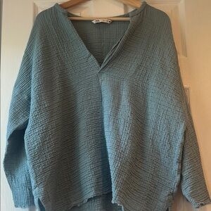 Zara Teal Textured V-Neck Blouse